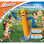 Product box art showing the Banzai Wacky Wiggles inflatable sprinkler with kids and product text