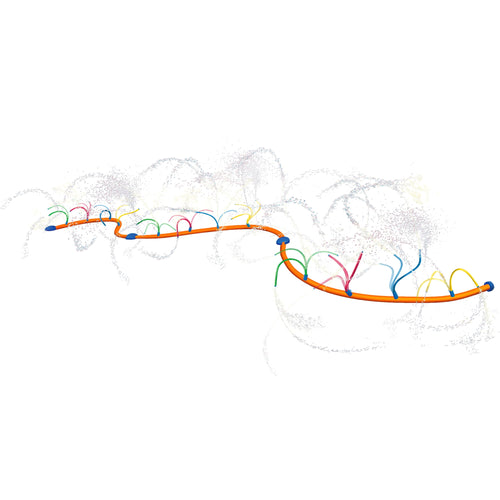 Long orange wavy sprinkler hose with multicolored arches spraying water in fine mist on white background.