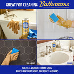 Four-panel bathroom collage showing Bar Keepers Friend can and sponge used on tub, tile, glass and ceramic sink surfaces.