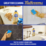Bathroom cleaning collage showing Bar Keeper's Friend bottle near tub, tile, and sink with a gloved hand scrubbing.