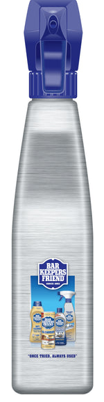 Top-down view of a blue spray trigger and the brushed-metal style bottle neck of a Bar Keepers Friend cleaner spray.