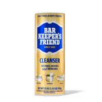 Tall cylindrical can of Bar Keepers Friend cleanser with blue logo and gold background on white surface.