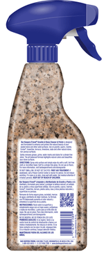 Back of a Bar Keepers Friend Granite & Stone spray bottle showing product text, directions and a barcode on a stone-patterned bottle.