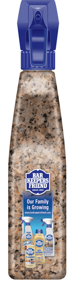 Top-down view of a Bar Keepers Friend Granite & Stone spray bottle showing blue trigger head and stone-patterned body with brand logo.