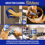 Four-panel lifestyle collage showing Bar Keepers Friend can used on stainless steel, cookware and stovetops in kitchen settings.