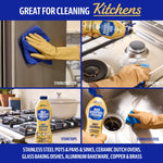 Collage of kitchen cleaning scenes showing Bar Keeper's Friend bottle used on stovetop and stainless steel surfaces.