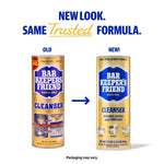 Graphic comparing old and new Bar Keepers Friend cleanser packaging with headline 'New look. Same trusted formula.'