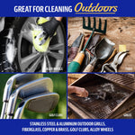 Outdoor cleaning collage showing Bar Keepers Friend uses on alloy wheels, tools, golf clubs and grills with product label visible.