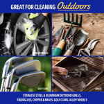 Outdoor cleaning collage illustrating alloy wheels, tools, golf clubs and grill with label 'Great for Cleaning Outdoors'.