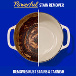 Top-down pot split into dirty left and cleaned right halves with 'Powerful stain remover' headline on blue background.