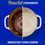 Top-down split image of a cookware pot showing before-and-after cleaning with text 'Powerful Stain Remover'.