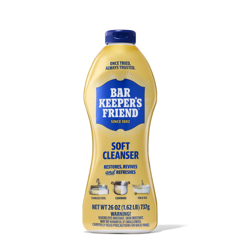 Front view of a yellow Bar Keeper's Friend soft cleanser squeeze bottle with blue label.