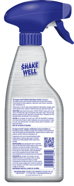 Back of a Bar Keepers Friend stainless steel cleaner spray bottle showing usage directions, caution text and QR code.