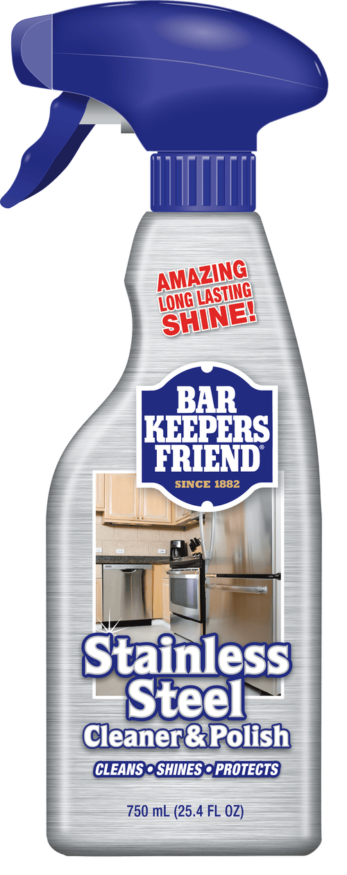Front-facing Bar Keepers Friend stainless steel cleaner & polish spray bottle with branding and ‘Stainless Steel’ label.