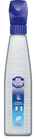Tall preview of a Bar Keepers Friend stainless steel cleaner bottle showing logo and icons for removing fingerprints and cleaning.