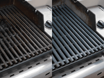 Split grill grate image showing heavy grease and residue on the left and a cleaned, restored grate on the right