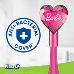 Close-up of a pink heart-shaped anti-bacterial cover with Barbie script and an 'anti-bacterial cover' badge