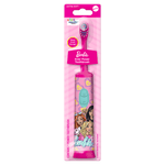Packaged pink Barbie kids power electric toothbrush with heart graphics and illustrated Barbie characters on handle.