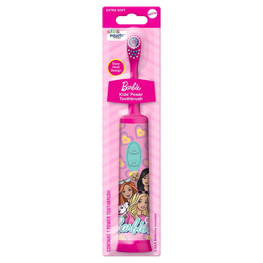 Packaged pink Barbie kids power electric toothbrush with heart graphics and illustrated Barbie characters on handle.