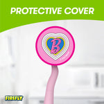 Circular protective toothbrush cover graphic with layered heart and 'B' Barbie emblem on a pink disc