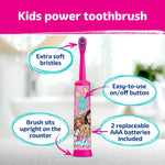 Informational lifestyle-style graphic showing a pink Barbie kids power toothbrush with callouts for extra soft bristles and included batteries.