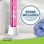 Pink Firefly Barbie toothbrush standing in a white charging stand with circular 'stand included' callout
