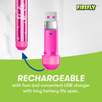 Pink USB charger component shown detached from the base of a pink Firefly Barbie toothbrush with 'rechargeable' text