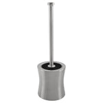 Stainless steel hourglass toilet brush and holder shown assembled with upright handle inside the canister on white background