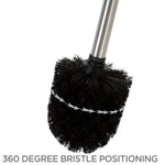 Close-up of black round brush head and stainless handle with arrow graphic indicating 360° bristle positioning