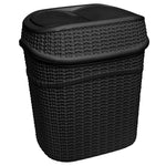 Matte black rattan-texture rectangular trash can with two-part swing lid shown against white background