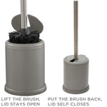 Grey Bath Bliss toilet brush set showing one open brush head and one closed holder with captions