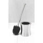 Stainless steel hourglass toilet brush set with brush removed and leaning beside the canister against a neutral wall