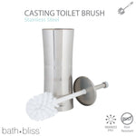 Disassembled Bath Bliss stainless steel toilet brush and holder shown with brush head, handle and container on white background with brand text