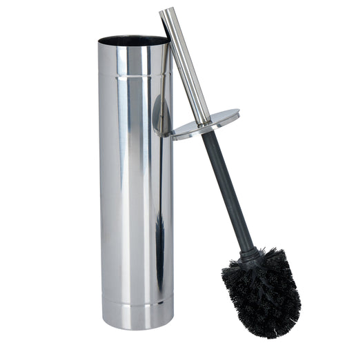 Chrome cylindrical toilet brush holder with matching handle and black bristle head
