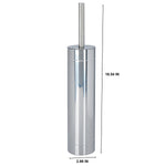 Front view of a chrome slender toilet brush holder with measurements shown beside it