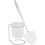 Chrome-handled toilet brush with white bristles and frosted plastic holder on a chrome stand against white background