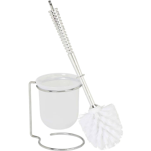Chrome-handled toilet brush with white bristles and frosted plastic holder on a chrome stand against white background