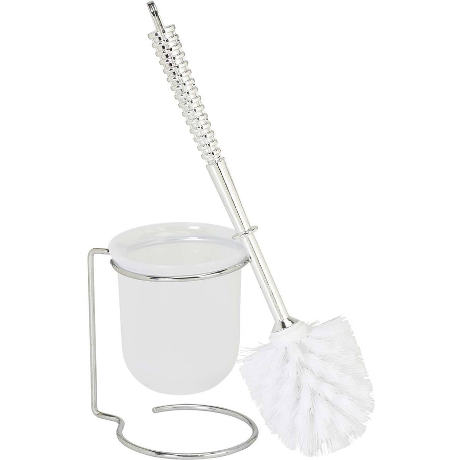 Chrome-handled toilet brush with white bristles and frosted plastic holder on a chrome stand against white background