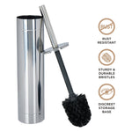 Chrome slim toilet brush and holder with black bristles and infographic icons to right