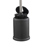 Close-up of Bath Bliss matte black toilet brush inserted in holder with lid flipped open
