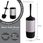 Product diagram showing matte toilet brush and stainless holder with dimensions and icons calling out stainless steel and easy cleaning.