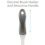 Close-up of Bath Bliss gray handle showing hanging hole and textured grip with arrow indicating length