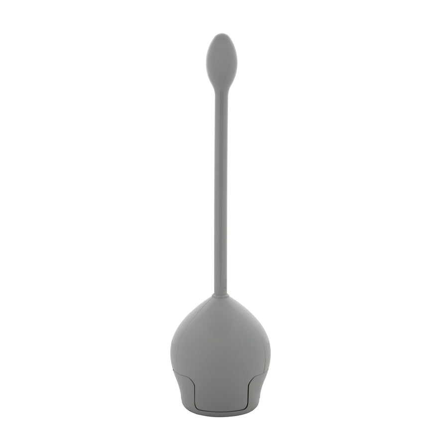 Gray tulip-shaped toilet brush with a long handle standing upright on white background