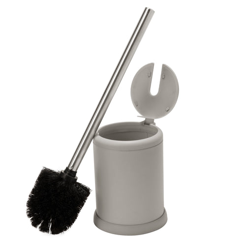 Grey cylindrical toilet brush holder with open self-closing lid and stainless handle leaning beside black-bristled brush head