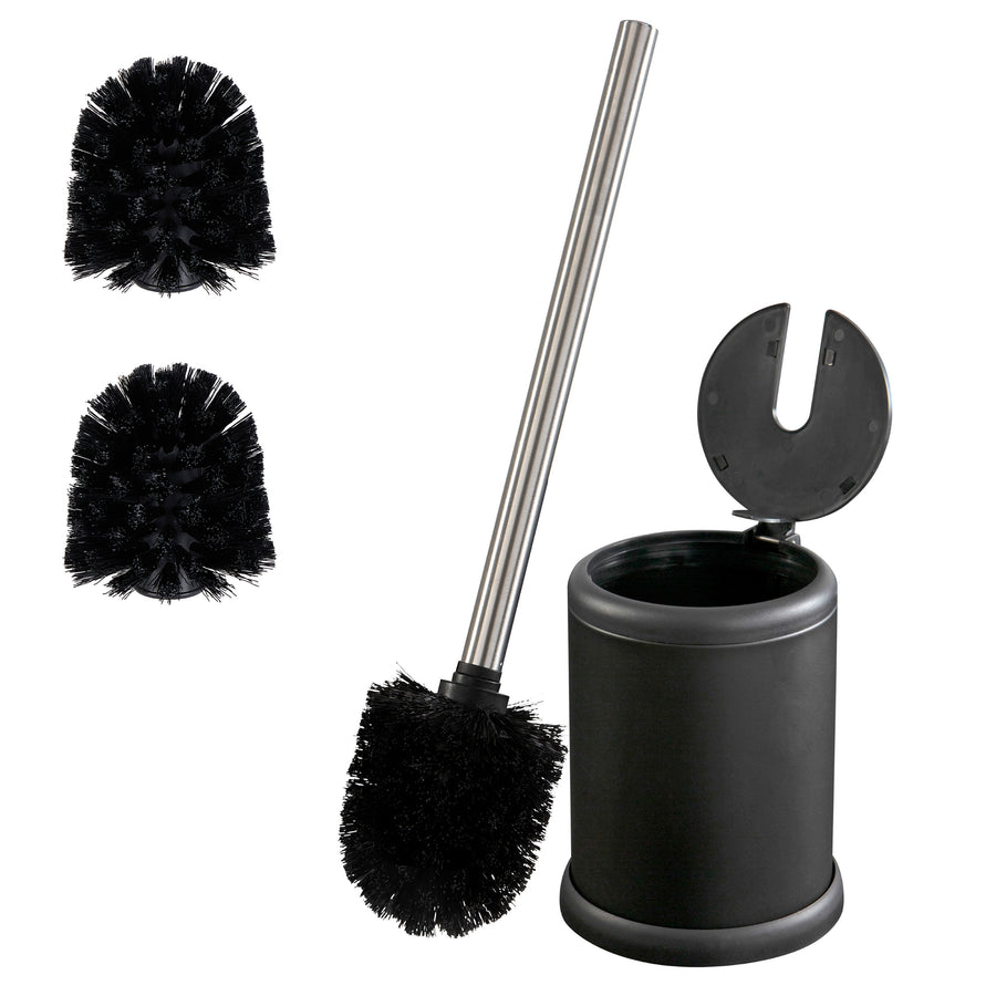 Bath Bliss matte black toilet brush set with open holder and two replacement brush heads