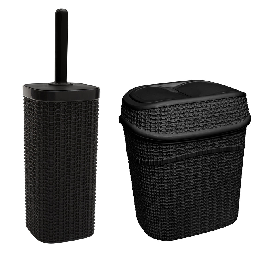 Matte black textured rattan-style toilet brush holder and matching swing-top trash can on white background