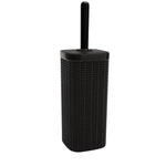 Matte black rattan-patterned toilet brush holder with a long black handle inserted, shown on white background