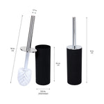 Two views of Bath Bliss matte black toilet brush set with dimensions and chrome handle callouts