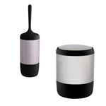 Matte black-handled toilet brush and stainless-steel cylindrical holder with black base shown on white background.