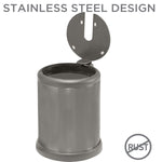 Grey cylindrical Bath Bliss brush holder with lid open showing interior and 'stainless steel design' header